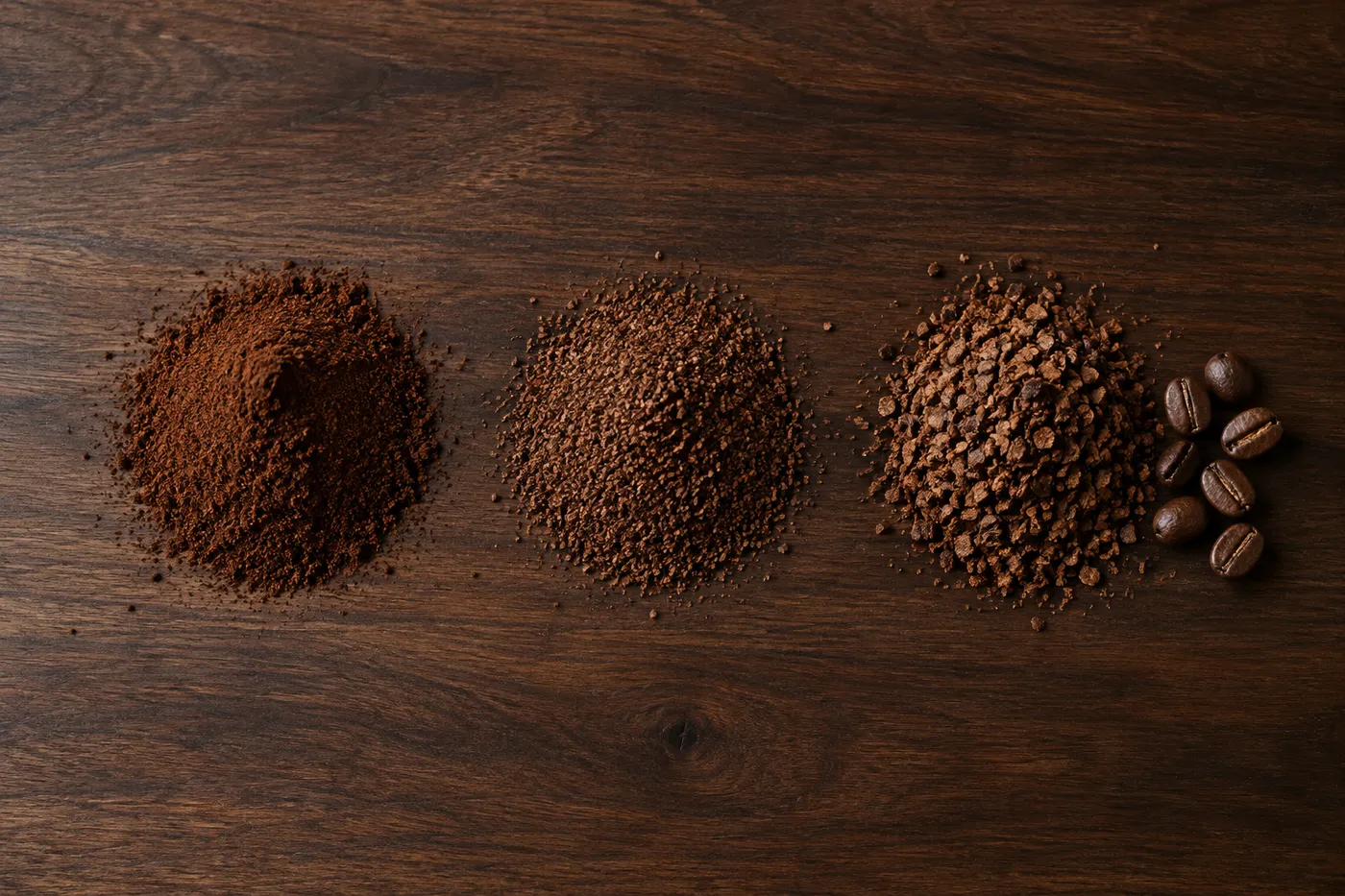 Illustration: drei Häufchen gemahlener Kaffee von fein bis grob auf einem Nussbaumtresen, daneben ganze Bohnen