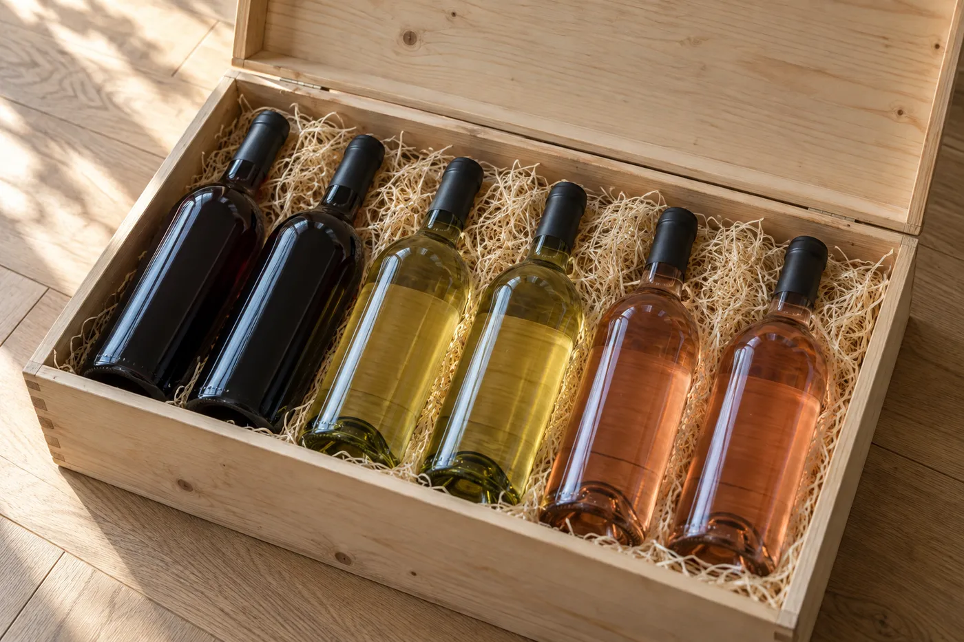 Illustration: offene Holzkiste mit sechs Flaschen in Holzwolle, je zwei Rotwein, Weißwein und Rosé